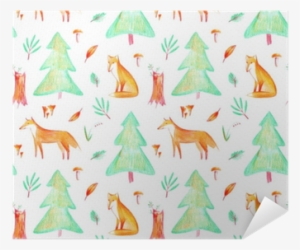 Seamless Pattern Of A Fox, Plants, Spruce And Mushroom - Watercolor Painting