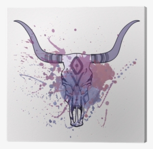 Vector Illustration Of Bull Skull With Watercolor Splash - Purple Headdress Oval Ornament