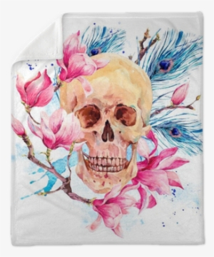 Watercolor Human Skull And Pink Flowers Magnolia Plush