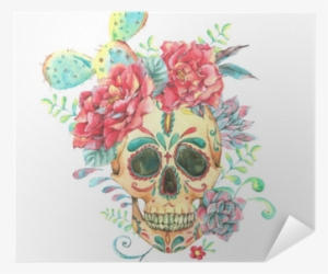 Watercolor Card With Skull And Roses Poster • Pixers® - Calavera Con Flores Cartel