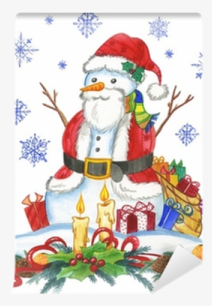 Snow Man In Santa Claus Dresses, Watercolor Wall Mural - Santa Claus