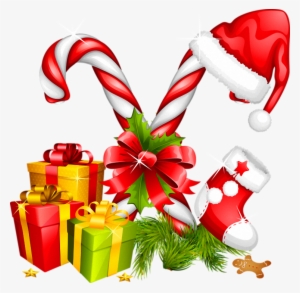 Santa Hat Gifts And Candy Canes Christmas Decoration - Christmas Gifts Png