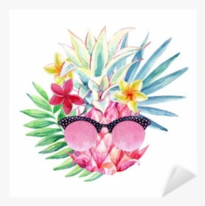 Watercolor Pineapple With Sun Glasses, Fan Palm Leaf
