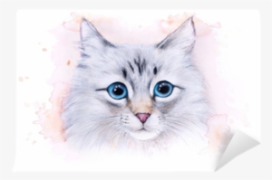 Watercolor Illustration Of A White Cat Wall Mural • - Cat