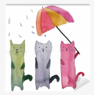 Three Cats In The Rain Watercolor Illustration Wall - Watercolor Painting