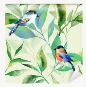 Seamless Pattern With Tea Leaves And Birds In Watercolor - Watercolor Painting