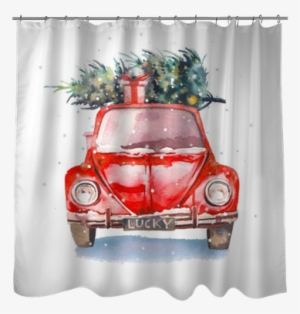 Watercolor Retro Car With Gift Box And Christmas Tree - Christmas Day