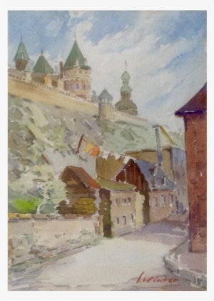 L Winter, European Castle Landscape Watercolor Painting
