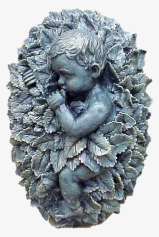 Thumb Sucker Cherub Covered With Leaves Plaque Material - Statue