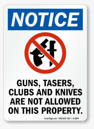 Guns, Tasers, Clubs, & Knives Not Allowed Sign - No Talking On Cell Phones