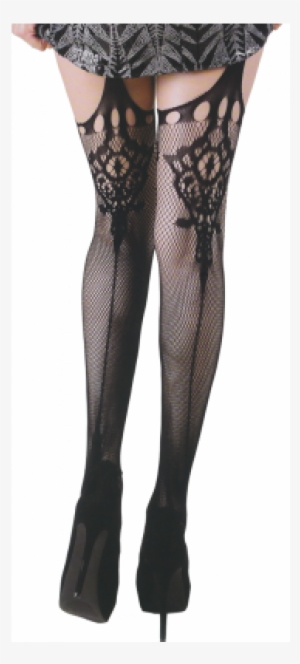 Killer Legs Spanish Fan Faux Garter Fishnet Stockings - Garter