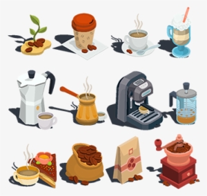 Set Of Vector Isometric Coffee Icons, Stickers, Prints, - Coffee
