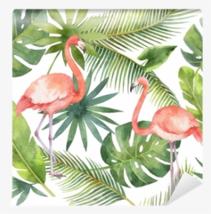 Watercolor Seamless Pattern Of And Palm Trees - Flamingo Lraf Background