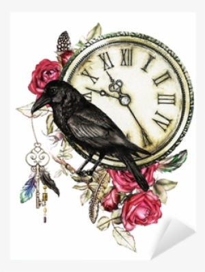 Watercolor Illustration With Crow, Red Roses, Clock, - Crow With Flowers
