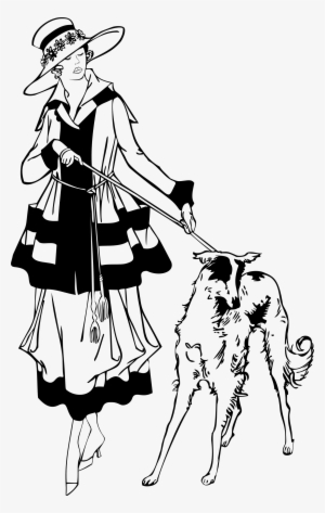 Vintage Woman Walking Dog By Heblo Clip Art Library - 1930s Coloring Book