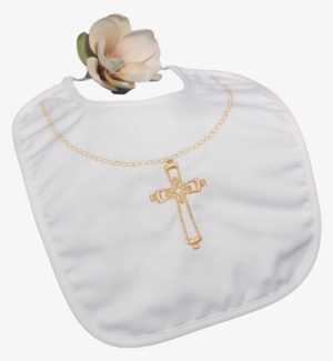 Cross Necklace Embroidery Handmade Christening Bib - Christening Bib With Embroidered Gold Cross - Large