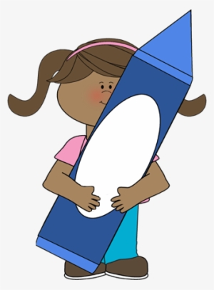 Girl Holding A Blue Crayon Clip Art - Girl With Crayon Clip Art