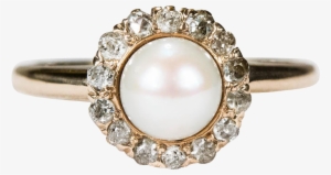 Victorian Old Mine Cut Diamond Halo Pearl Ring 14k - Pre-engagement Ring