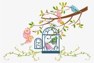 Drawn Birdcage Branch - Tree Vector With Birds Cage
