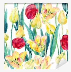 Watercolor Spring Tulips Field Seamless Pattern Wall - Watercolor Painting
