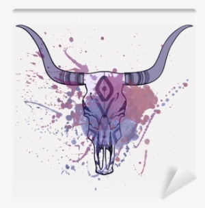 Vector Illustration Of Bull Skull With Watercolor Splash - Purple Headdress Shower Curtain
