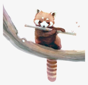 Red Panda Giant Panda Raccoon Watercolor Painting Squirrel - Red Panda Playing Flute