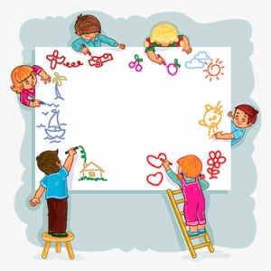 Happy Children Together Draw On A Large Sheet Of Paper, - متن خوش آمد گویی پیش دبستانی