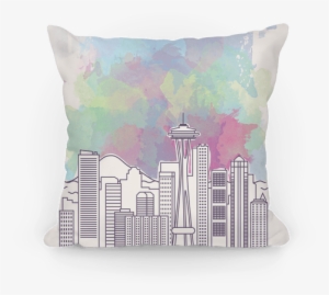 Seattle Graphic Watercolor Cityscape Pillow