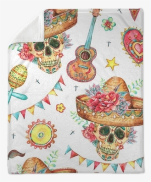 Watercolor Seamless Pattern With Skull In Sombrero - Watercolor Painting