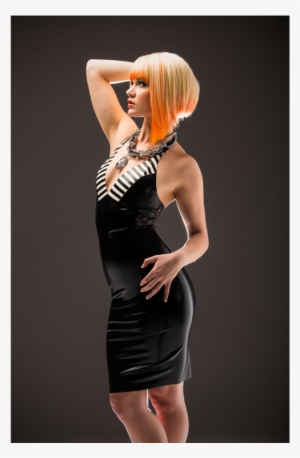 Fashion Shot Of Blonde Woman In Black And White Latex - Little Black Dress