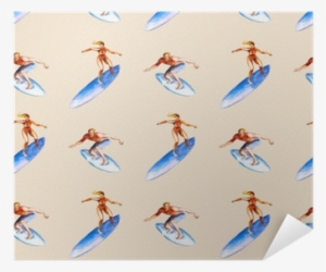 Watercolor Seamless Pattern With Surfers On Pink Background, - Watercolor Painting