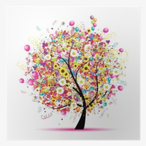 Póster Día De Fiesta Feliz, Árbol Divertido Con Los - Whimsical Party Floral Tree Shower Curtain