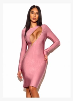"kalis" Sexy Asymmetric Zip Long Sleeve Pink Bandage - Long Sleeves Sexy Dress Bandage
