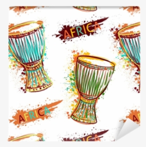 Seamless Pattern With African Drum Tam Tam And Splashes - Afrikanische Trommel Clipart