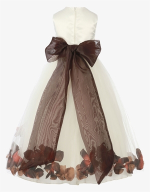Brown Satin & Tulle Flower Petal Dress W Sash - Dress