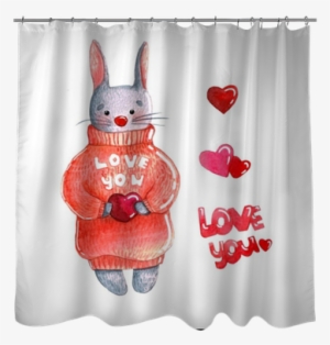 Watercolor Bunny In Sweater With Pink Heart Isolated - Drawing