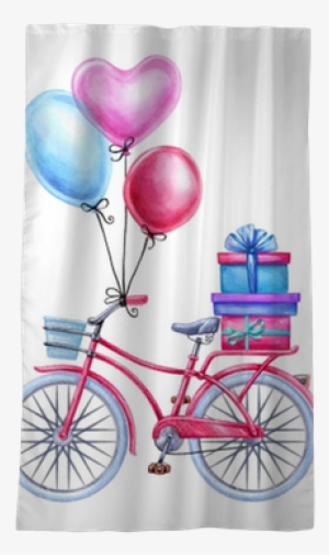 Watercolor Illustration, Bicycle, Balloons, Gift Boxes, - Heart