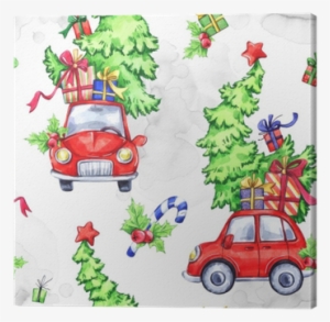Watercolor Seamless Pattern With Cartoon Holidays Cars, - Illustration