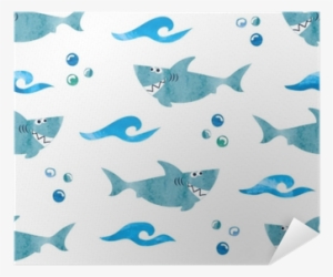 Seamless Pattern With Cartoon Watercolor Sharks - Cartoon Shark Background