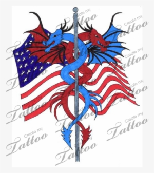 Marketplace Tattoo Blue And Red Dragons And Usa Flag - Fourth Of July Dragon