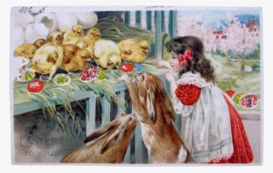 Hold To Light Post Card For Easter Frances Brundage - Küken-häschen-ostern-szenen-postkarte Vintag Postkarte