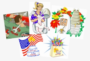 Five Vector Illustrations, Auto Mechanic, Dog Groomer, - Independence Day