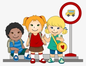 Clip Art Of Kids At A School - School Bus Stop Clipart