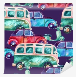 Watercolor Hippie Camper Van, Car And Scooter Wall - Watercolor Painting