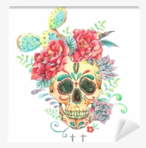 Watercolor Card With Skull And Roses Wall Mural • Pixers® - Calavera Con Flores Cartel