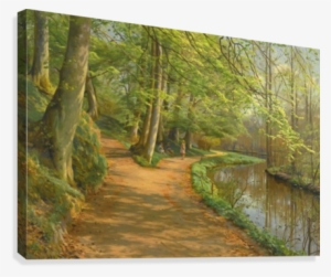 Kids Talking On A Path Along The Stream Canvas Print - Yağlı Boya Orman