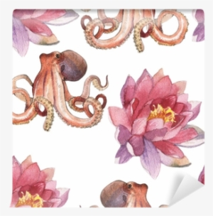 Watercolor Lotus Flower And Octopus Wall Mural • Pixers® - Watercolor Painting