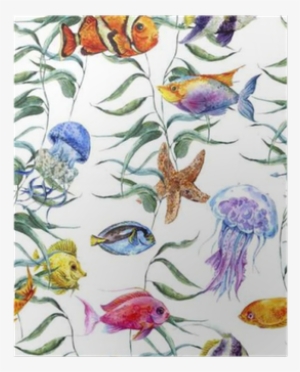 Watercolor Sea Life Seamless Pattern, Underwater Watercolor - Poster: Kurakina's Watercolor Sea Life Seamless Pattern,