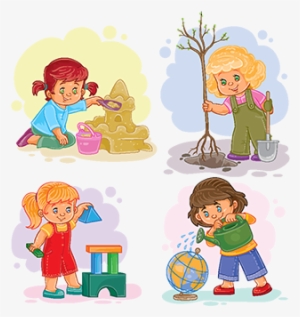 Set Icons Small Girls Playing With Toys, Baby, Little, - Vector Graphics