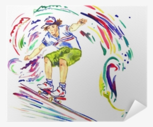 Guy On Skateboard, Colorful Palette Splashes Background, - Watercolor Painting